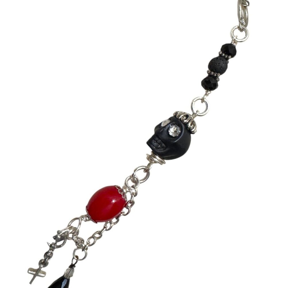Dark Romance Gothic Necklace: Faceted Black Onyx Pendant w Skull & Cross Charms - Picture 7 of 13